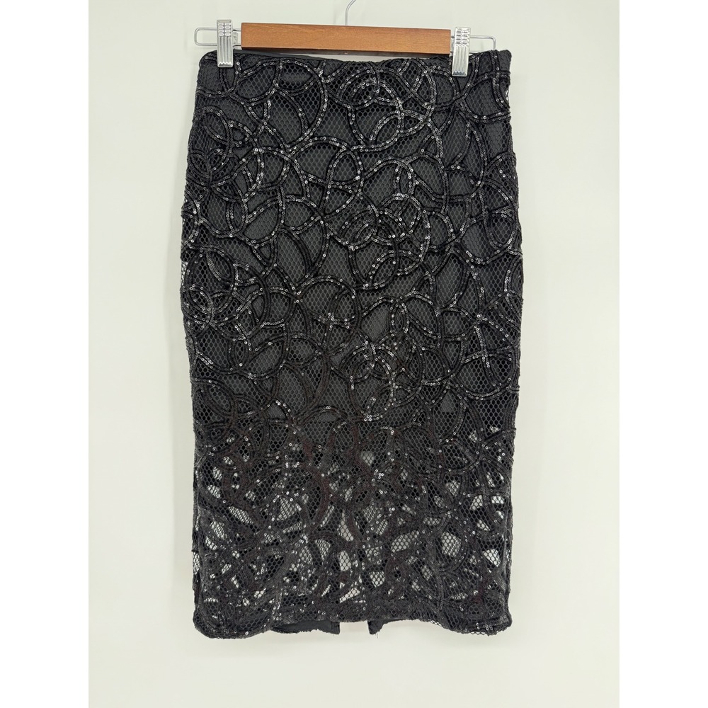 Express Black Sequin Mesh Swirl Applique Pencil Skirt Sz 4 Cocktail Evening